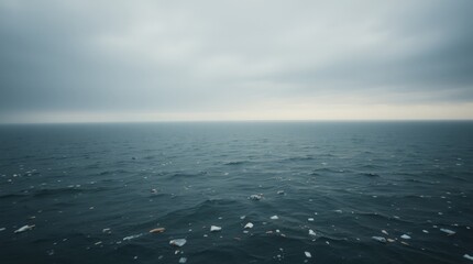 Generative AI. Aerial view of a polluted ocean with plastic waste, dark murky water, and overcast sky