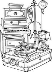 furniture, old, vintage, wood, antique, interior, box, design, home, wooden, cupboard, retro, art, room, metal, decoration, brown, classic, style, travel bag, coloring page