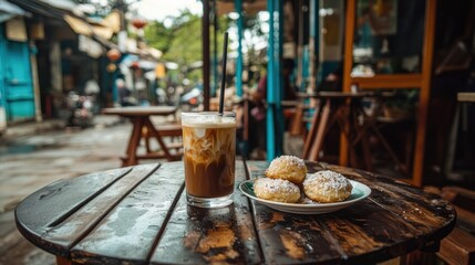 Iced coffee and pastries on rustic table at outdoor cafe.
