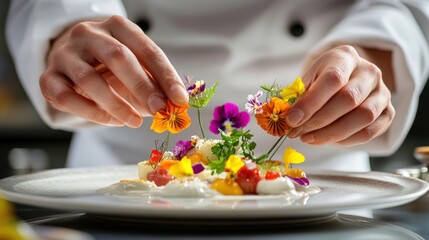 Culinary Artistry: A Chef Delicately Garnishes a Gourmet Dessert with Edible Flowers, Showcasing Exquisite Presentation and Attention to Detail in Haute Cuisine