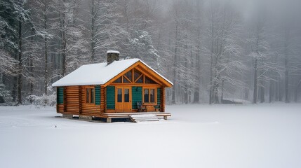 Winter cabin. Log cabin in a snow covered forest. Remote hideaway. Travel photo