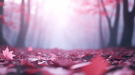 Pink autumn forest floor, sunlit path, misty background, nature scene, website banner
