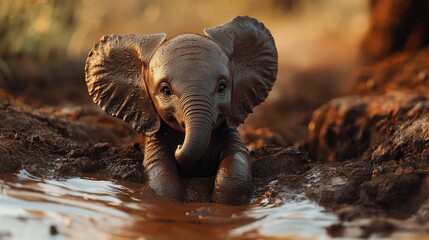 Adorable baby elephant playing in mud puddle.