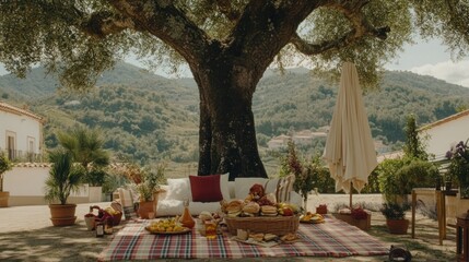 Luxurious picnic under olive tree, hillside view, idyllic setting, advertising