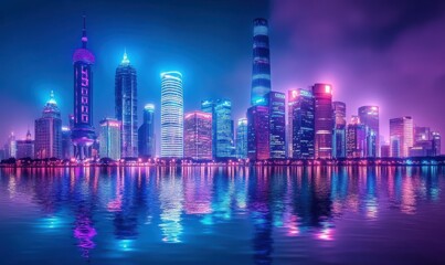 Fototapeta premium Futuristic cityscape illuminated by vibrant neon blue and purple lights reflecting off sleek skyscrapers creating a dynamic urban atmosphere