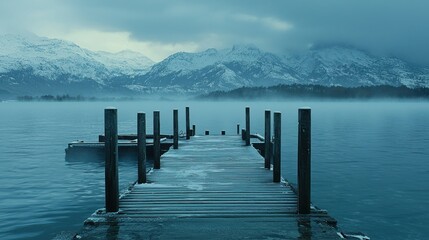 Fototapeta premium Winter landscape dock on a lake, mountains covered with snow. Cold, tranquil scene