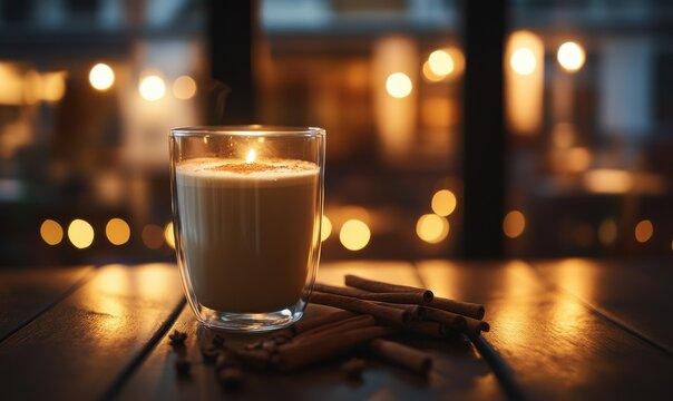 Glass of creamy latte surrounded by cinnamon sticks, softly glowing in warm light, evoking comfort and warmth in a minimalist cafe setting