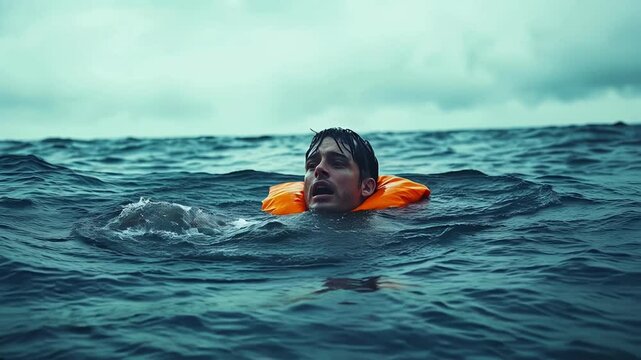 Stranded swimmer struggles in deep water during stormy weather