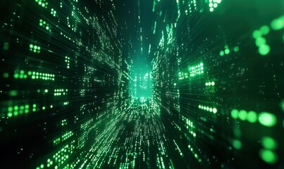 Fototapeta premium Glowing green binary code forming a futuristic world map, symbolizing global connectivity and technology