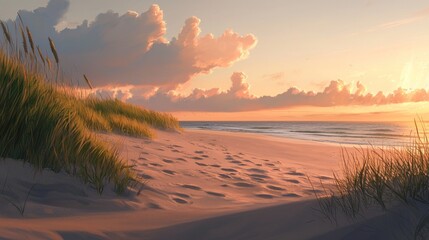 Serene sunset beach scene with footprints in sand dunes and seagrass.
