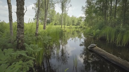 Obraz premium Turtle by Marsh, Sunny Day