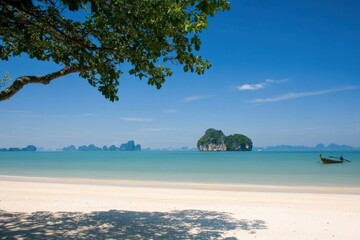 Tropical beach, boat, islands, clear sky, tree shade