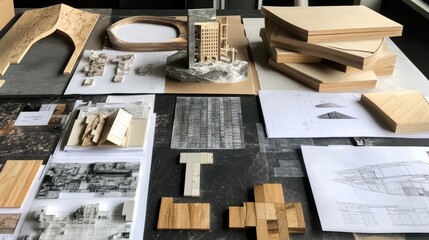 An architectural vision board with pinned design sketches, material samples, and D renders.