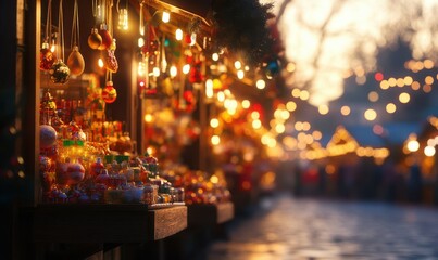 Obraz premium Peaceful sunset scene at a holiday market, vibrant decorations glowing softly in the golden light.