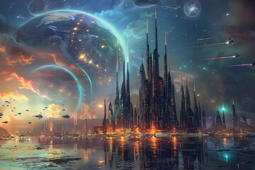 Obraz premium Futuristic Metropolis under Celestial Bodies: A Glimpse of Advanced Civilization