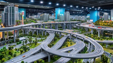 An engineering laboratory with models of bridges, roads, and urban infrastructure on display.