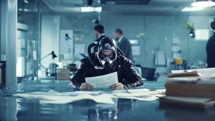 Underwater office escapade with a diver struggling through documents