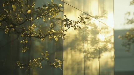 Sunlight reflecting on modern building facade with tree branches.