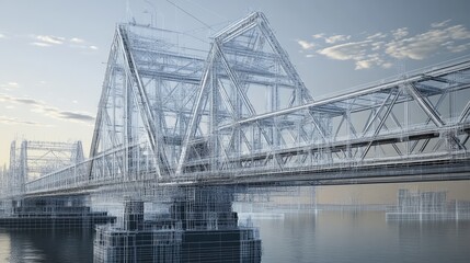 Fototapeta premium A D-rendered digital blueprint of a bridge spanning a vast river, showing elevation and cross-section details.