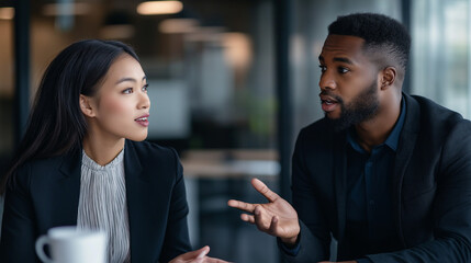 two businesspeople meeting and discussing works 