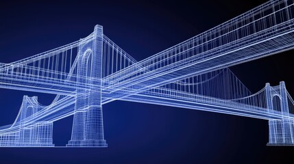 Obraz premium A D-rendered digital blueprint of a bridge spanning a vast river, showing elevation and cross-section details.