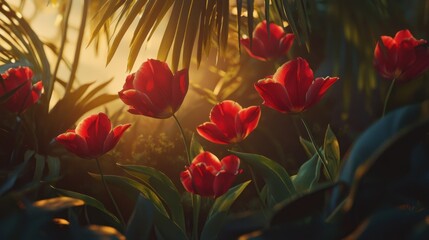 Obraz premium Red tulips backlit by warm sunset light amongst tropical foliage.