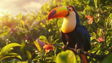 Fototapeta premium Colorful toucan perched on a branch in lush tropical foliage at sunset.