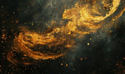 Artistic golden sparks swirling on a textured black surface, illuminated by warm light creating a dramatic and festive composition