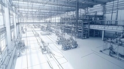 A blueprint of an industrial warehouse with large-scale machinery placements.