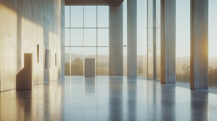Fototapeta premium Sunlit modern gallery interior with scenic view.