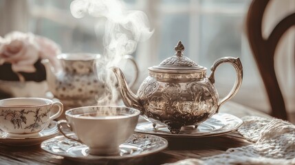 Fototapeta premium Steaming tea in antique teapot and cups on wooden table.