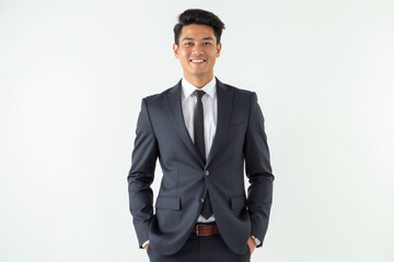 Half-Length (Waist-Up) portrait of young stylish smiling Chilean male model in formal wear isolated on pure white background looking at camera
