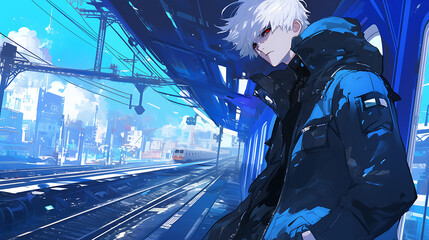 Anime Boy in Blue Jacket at Train Station with Urban Night Scene and Moody Lighting