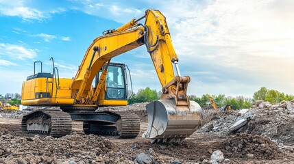 Obraz premium A bright yellow excavator with a hydraulic arm positioned on a construction site with piles of dirt and rubble.