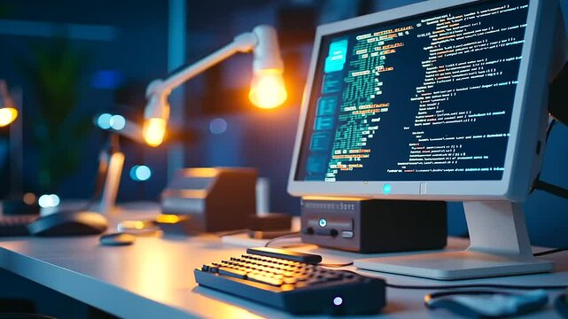 A vintage computer sits on a programmer's desk in a shadowy garage setting.