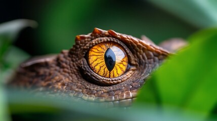 Reptile eye closeup, jungle foliage, hiding. Nature wildlife photography