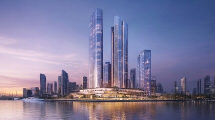 Obraz premium A city skyline at sunset, highlighting newly developed buildings with cutting-edge architectural designs.
