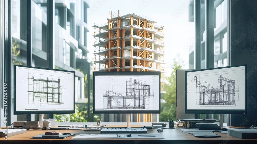 Poster a civil engineering office with multiple monitors displaying d structural models and blueprints.