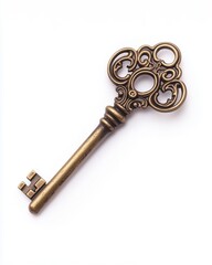 A vintage brass key with intricate designs on a white background.