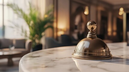 A classic concierge bell placed on a marble counter with blurred hotel background, symbolizing elite service.