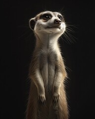 A curious meerkat standing upright against a dark background, looking up.