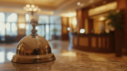 A classic concierge bell placed on a marble counter with blurred hotel background, symbolizing elite service.