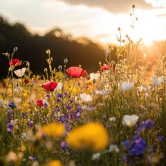 Sunset over vibrant wildflowers in a field.