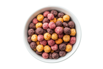 Colorful cereal balls in a white bowl, cut out