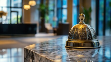 A classic concierge bell placed on a marble counter with blurred hotel background, symbolizing elite service.