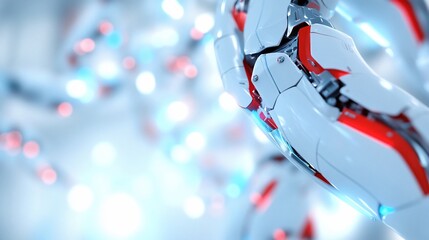 Naklejka premium Robotic arm detail, futuristic factory, background blur, tech innovation