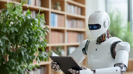 Robot reading tablet in library. Future tech
