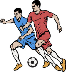 two soccer players fighting for the ball