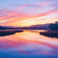 Obraz premium Serene sunset reflecting on calm lake water.