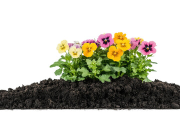 Colorful pansies grow in rich dark soil, cut out